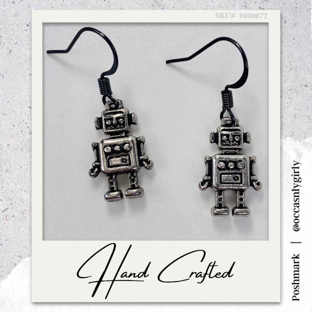 Antiqued Silver Robot Dangle Earrings